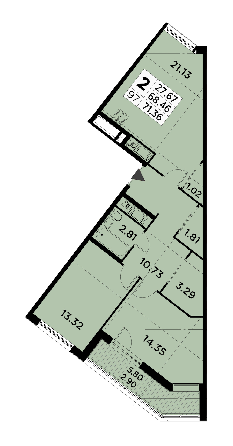 2-комнатная квартира 71.36 м², 3/6 эт., ЖК «GloraX City Zanevsky»